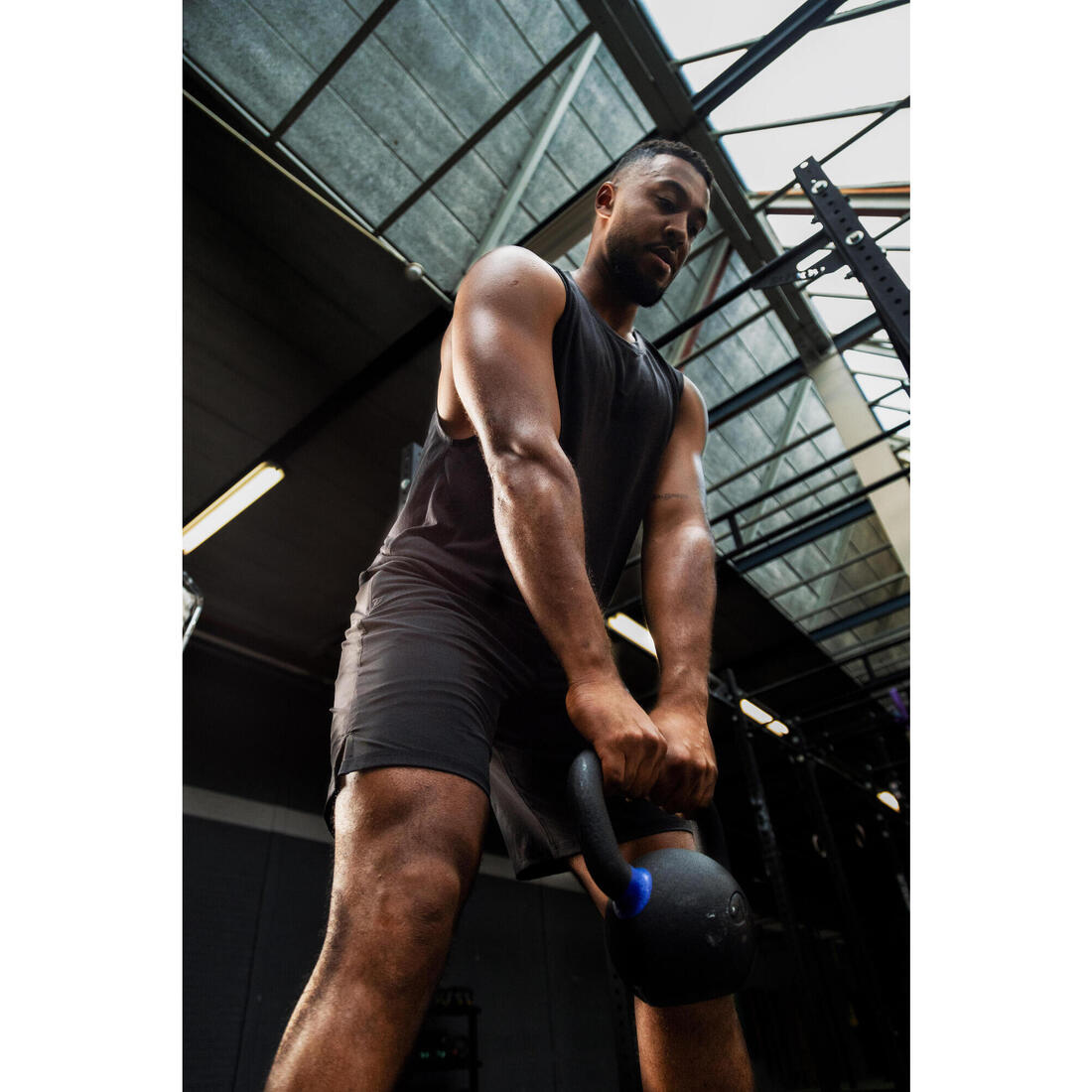 Short de fitness long 23cm homme, noir et