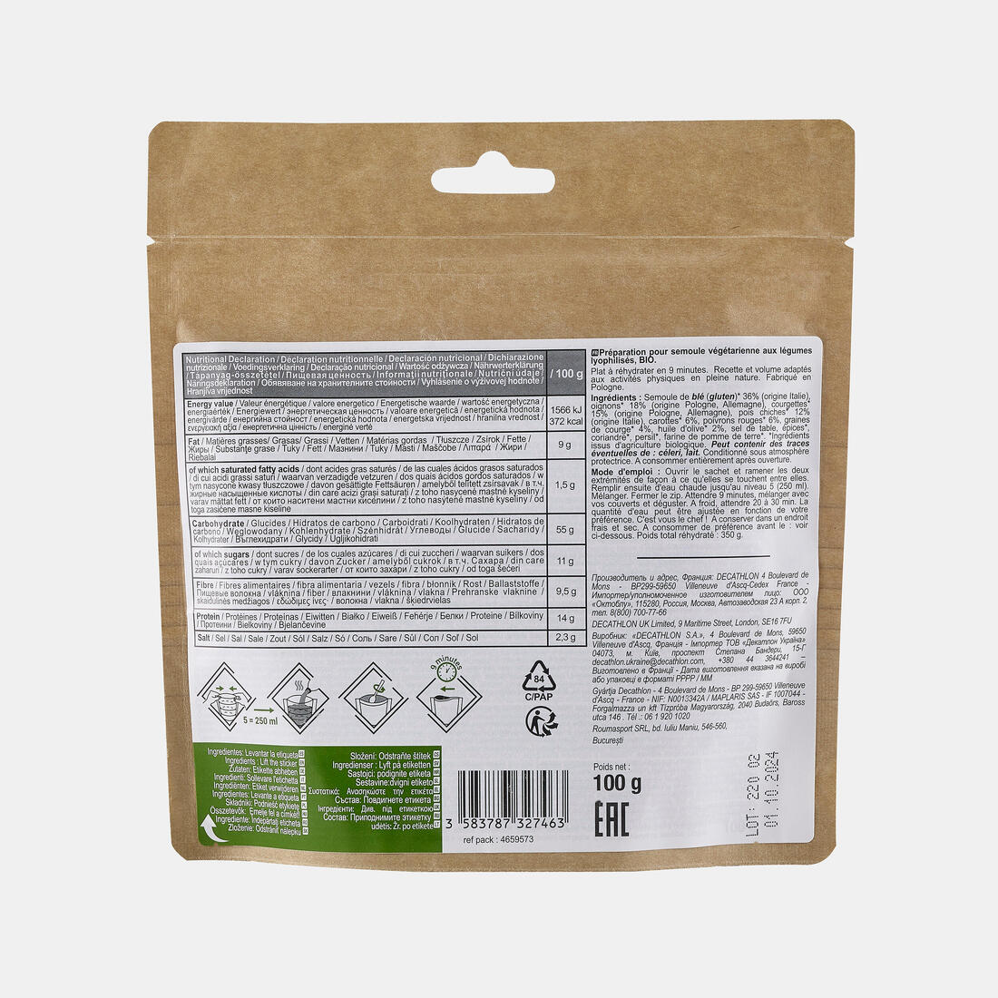 Repas lyophilisé végétarien et bio - semoule aux légumes - 100 g