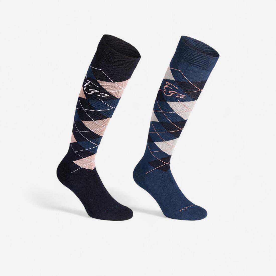 Chaussettes équitation enfant et adulte LOSANGES gris chiné/bleu ciel X 2 paire