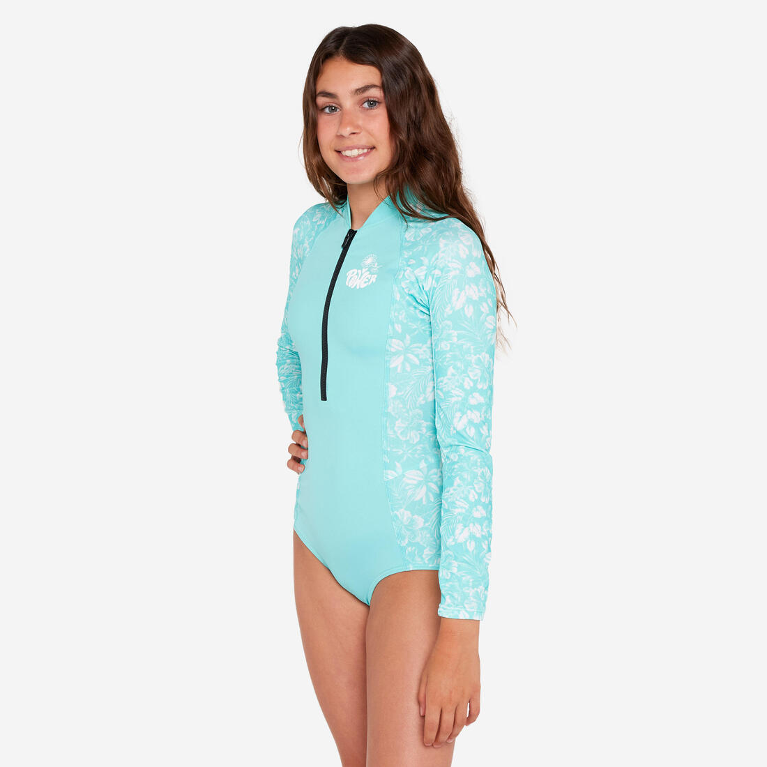 Maillot de bain une pièce surf manches longues zip avant Fille - 500