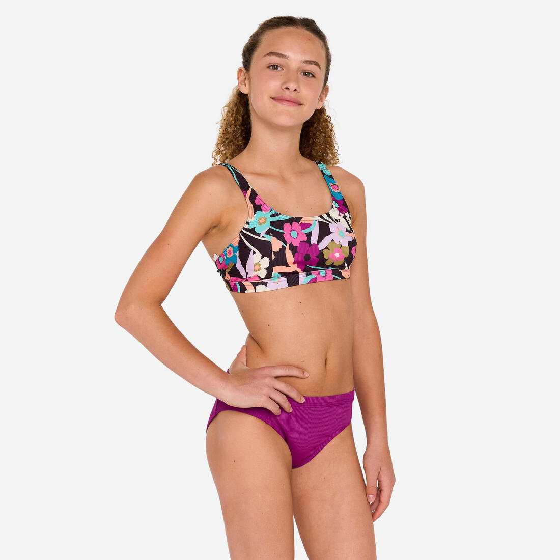 Haut de maillot de bain brassière fleuri réglable Fille - 500 Nora
