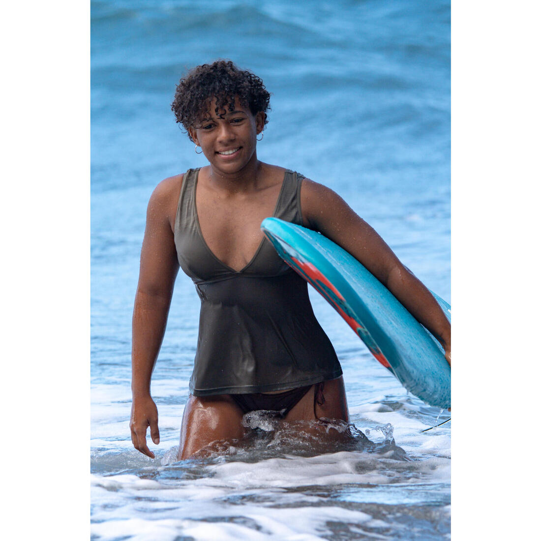 Haut de maillot de bain TANKINI MARINE UNI KAKI décolleté V et coques amovibles