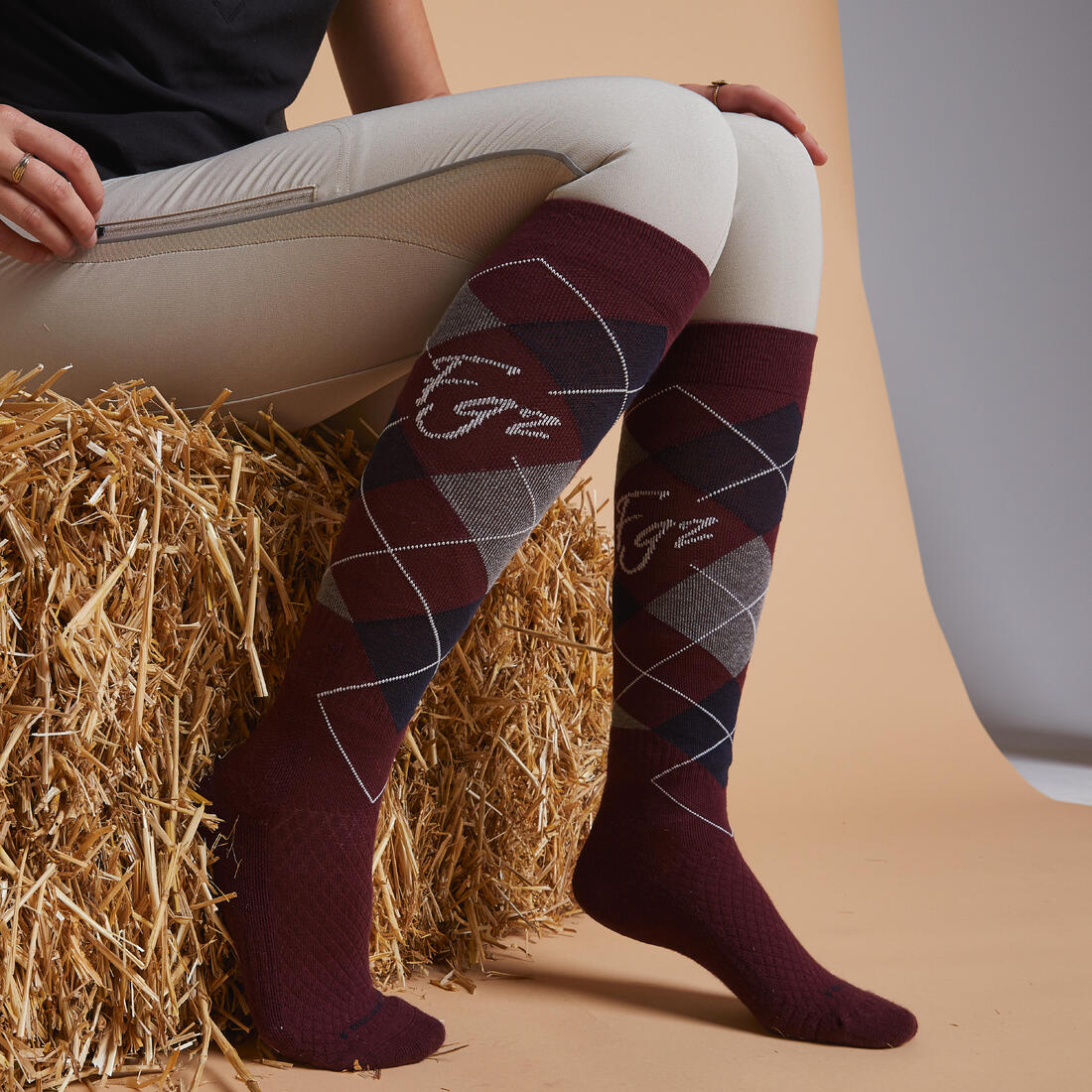 Chaussettes équitation 500 adulte losangesvert pétrole/marine. lot de 2