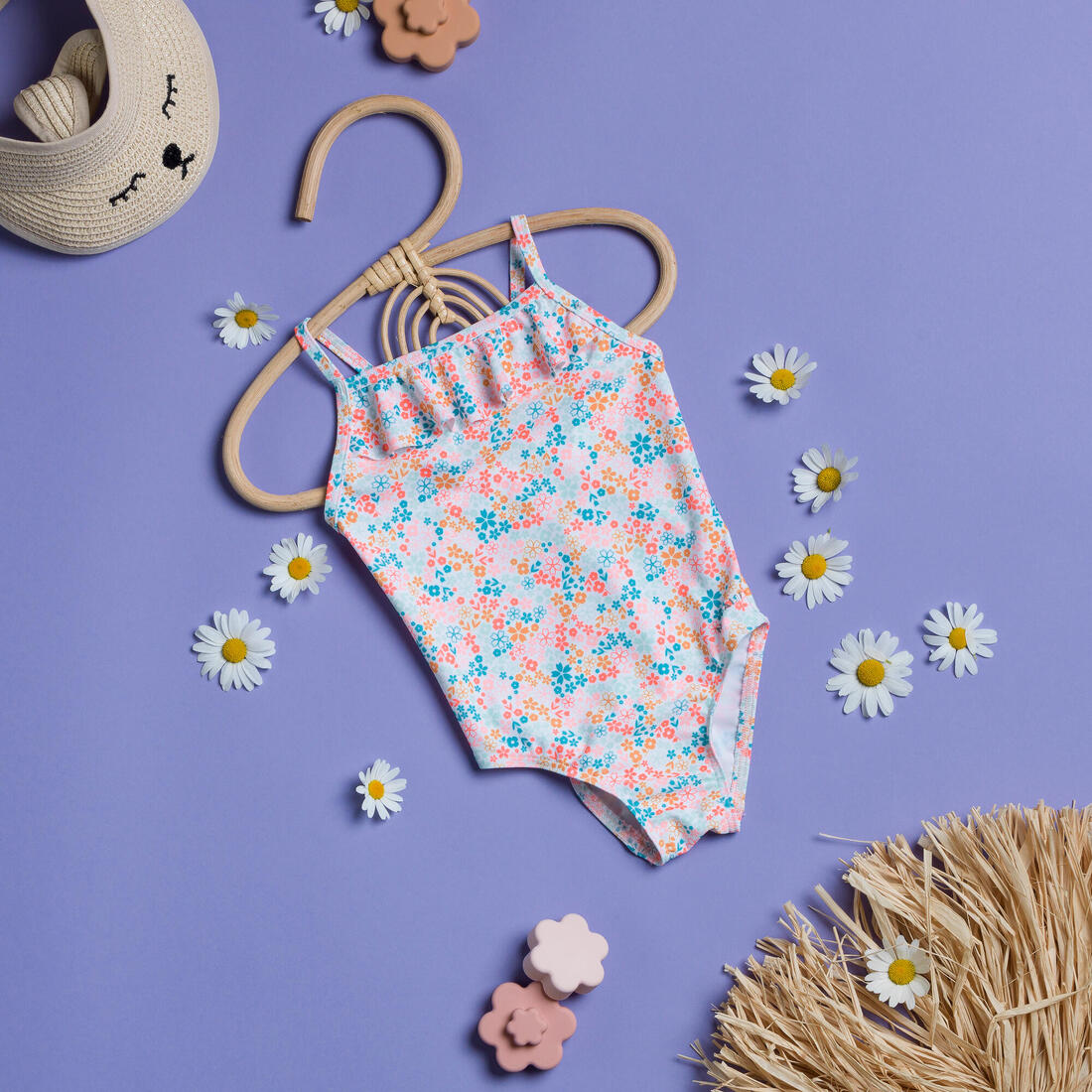 Maillot de bain 1 pièce avec volants bébé / fille, blanc rose imprimés fleurs