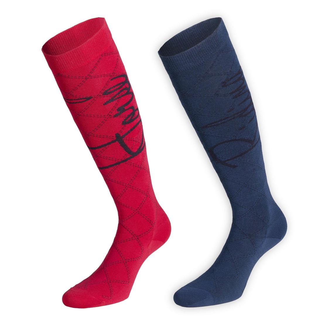 Chaussettes équitation femme 500 LIGHT bleu turquin et framboise