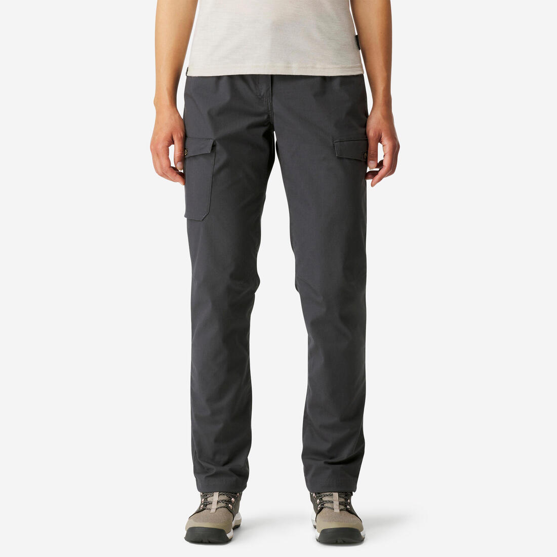 PANTALON CARGO EN COTON DE TREKKING & VOYAGE - TRAVEL 100 - GRIS- FEMME