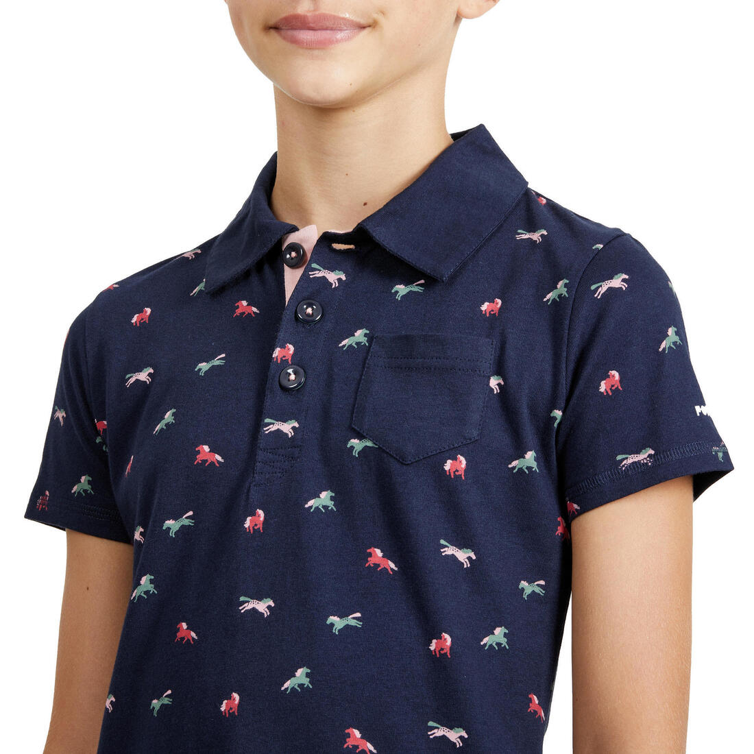 Polo manches courtes équitation fille 140 PONY bleu pétrole motifs turquoise