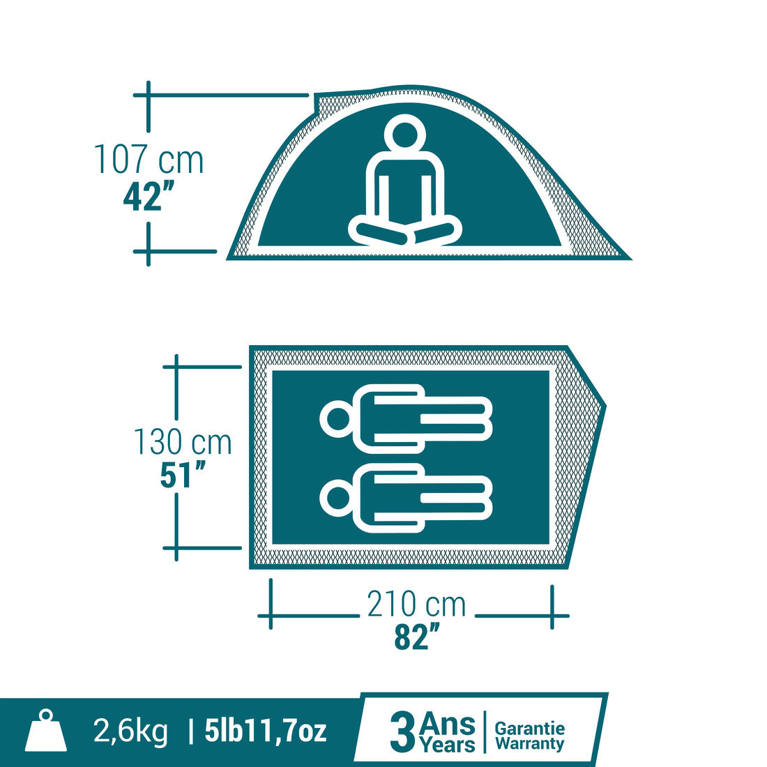 Tente de camping 2 places, MH100