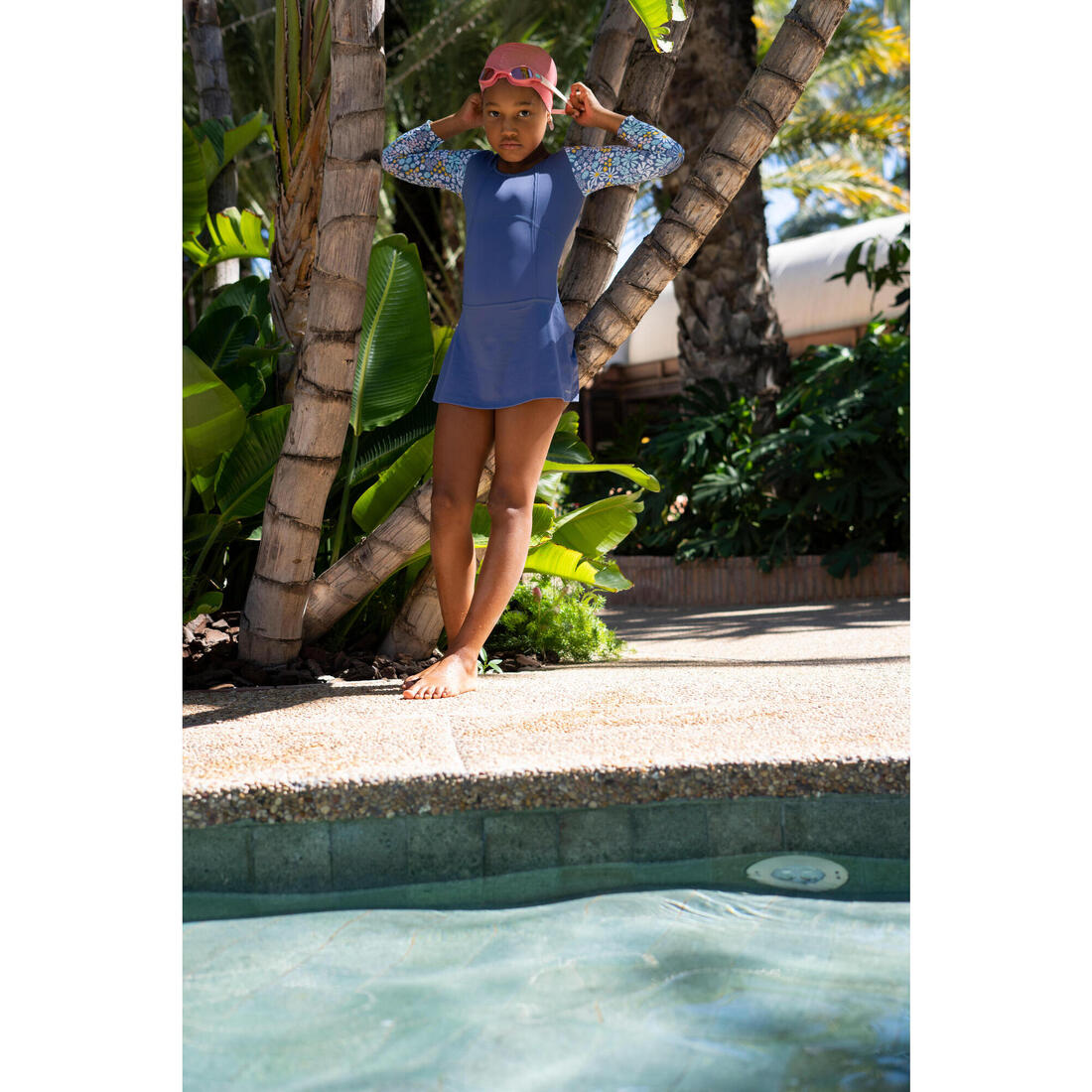 Maillot de bain 1 pièce fille Audrey manches longues bleu pantaï