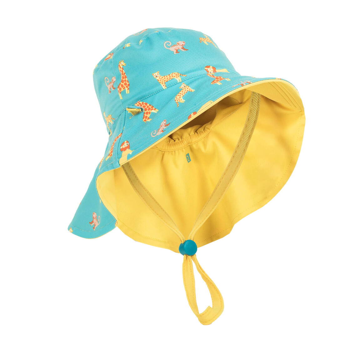 Chapeau anti uv bébé réversible jaune et bleu imprimé savane