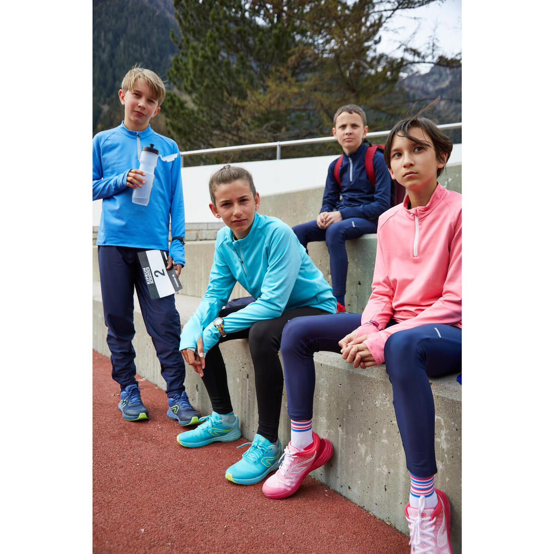 Maillot manches longues chaud 1/2 zip enfant d'athlétisme AT 100 corail fluo