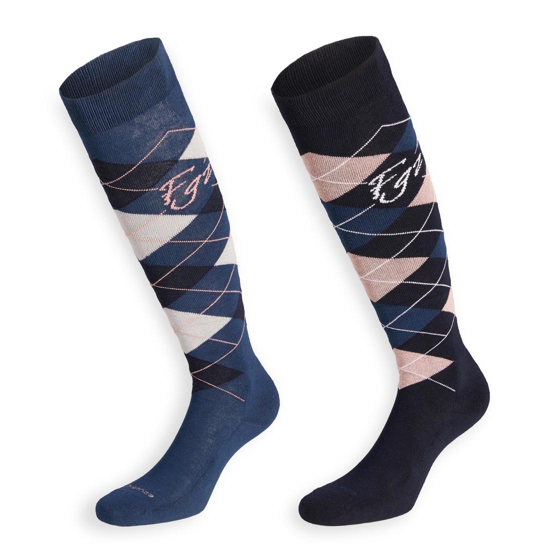 Chaussettes équitation enfant et adulte LOSANGES gris chiné/bleu ciel X 2 paire