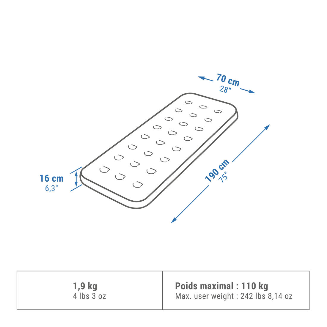 Matelas gonflable de camping 1 personne, 190x70 cm, Air basic