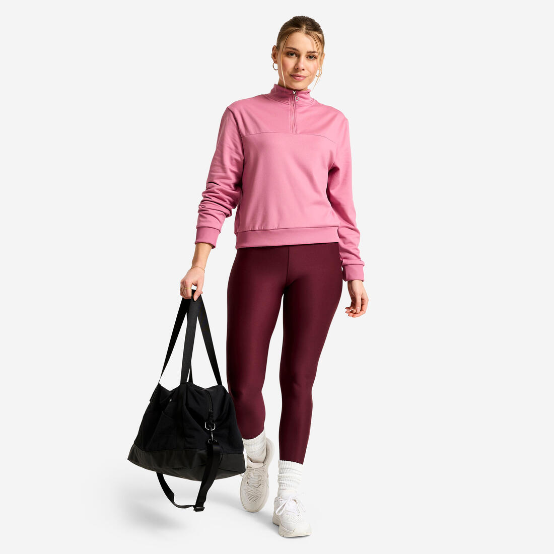 Sweat Manches Longues Col Zippé Fitness Cardio Femme Corail