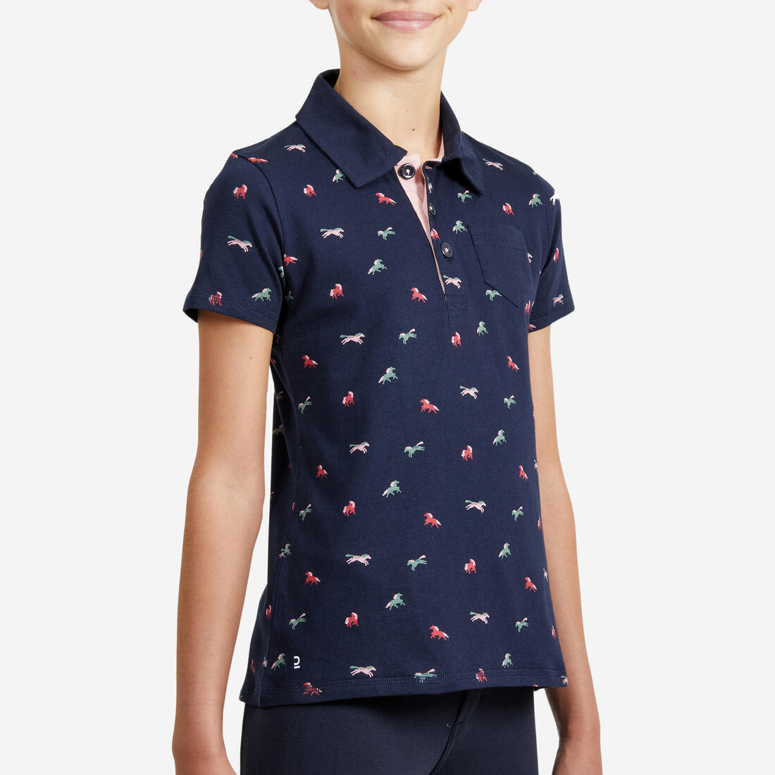 Polo manches courtes équitation fille 140 PONY bleu pétrole motifs turquoise
