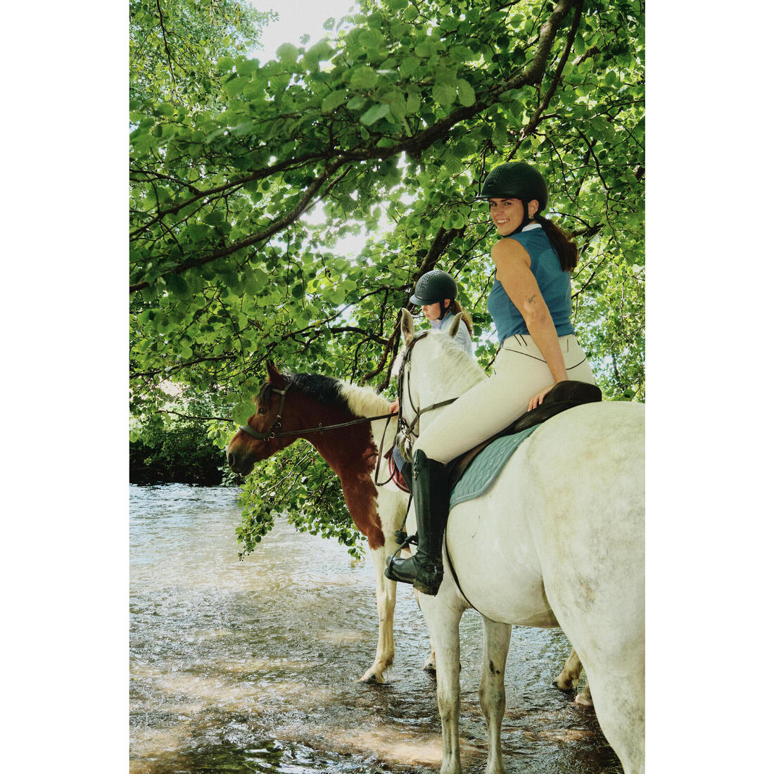 Débardeur équitation femme 500 MESH beige print