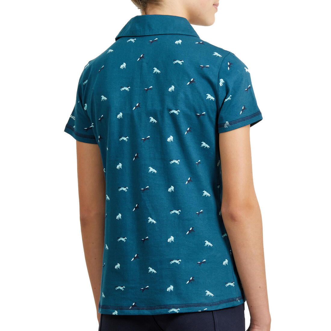 Polo manches courtes équitation fille 140 PONY bleu pétrole motifs turquoise