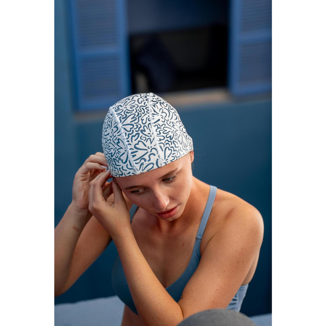 Bonnet de bain en maille enduite - tissu imprimé - taille m - vert line