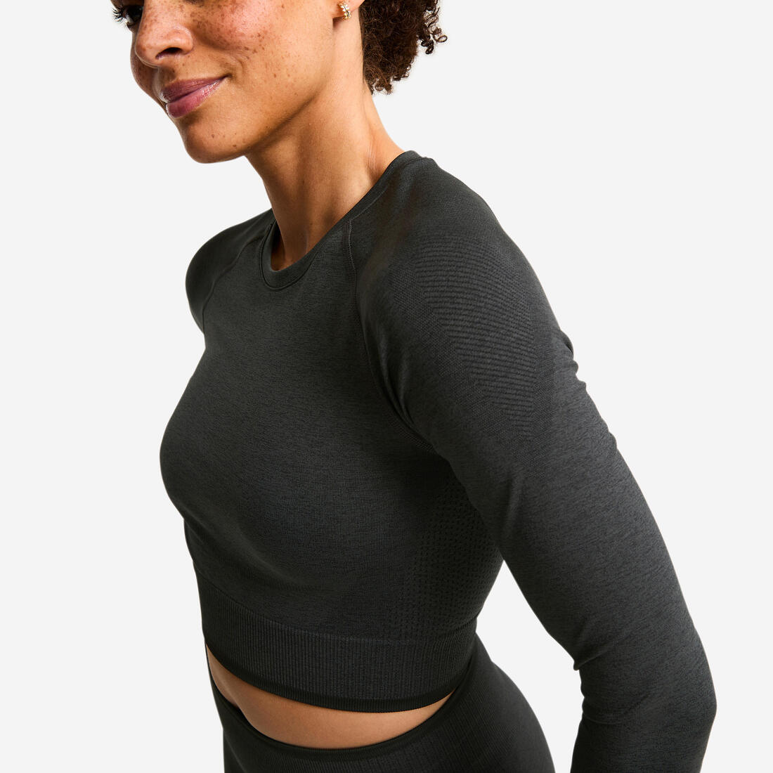 Crop top manches longues de musculation femme, gris et noir