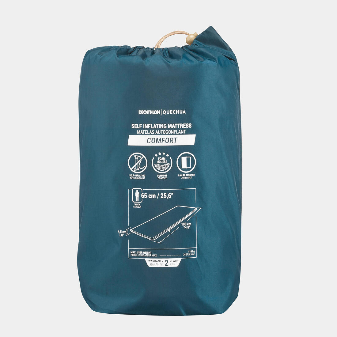 Matelas autogonflant de camping 1 personne, 190x65 cm, Comfort bleu