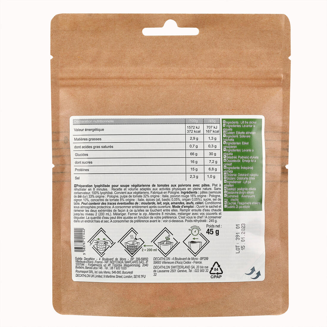 Soupe lyophilisée végétarienne - Tomates poivrons pâtes - 45 g