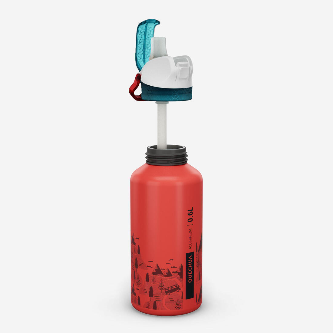 Gourde alu enfant 0,6L, bouchon instantané, pipette et paille, en alu recyclé