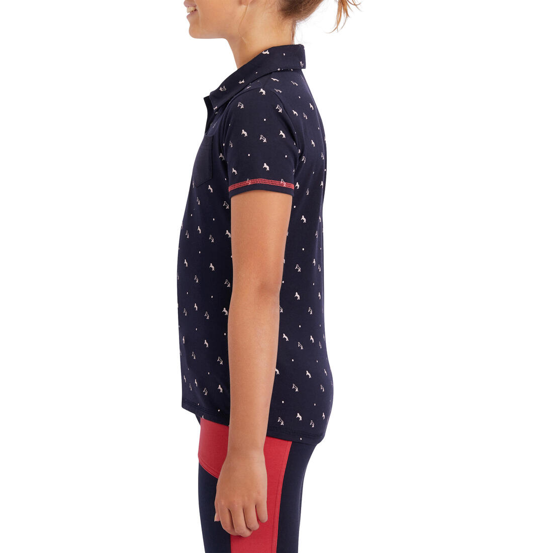 Polo manches courtes équitation fille 140 PONY bleu pétrole motifs turquoise