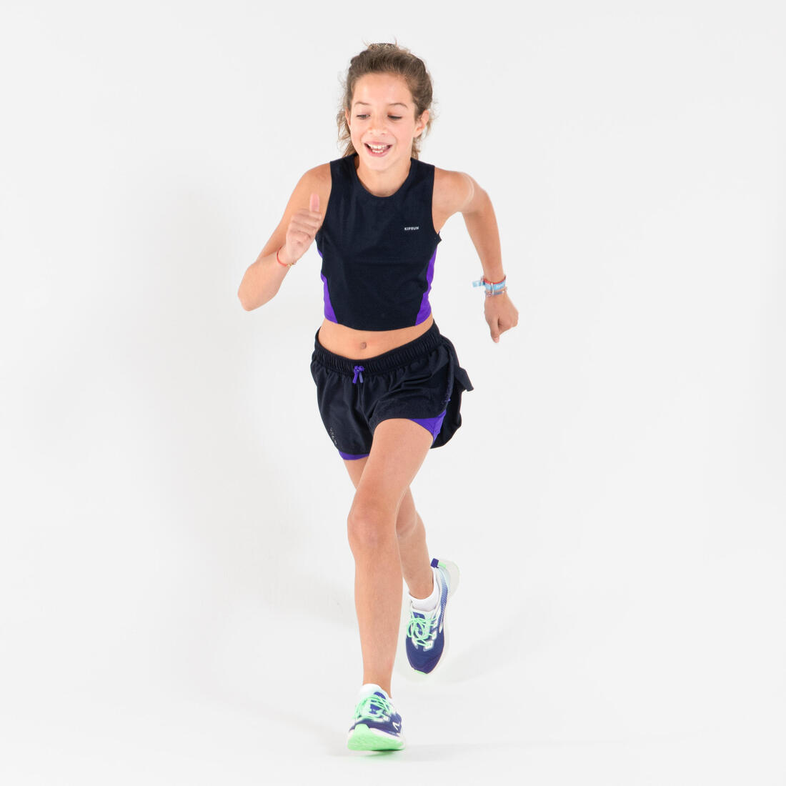 Short cuissard de running respirant Fille - KIPRUN DRY+ 2 en 1 marine et