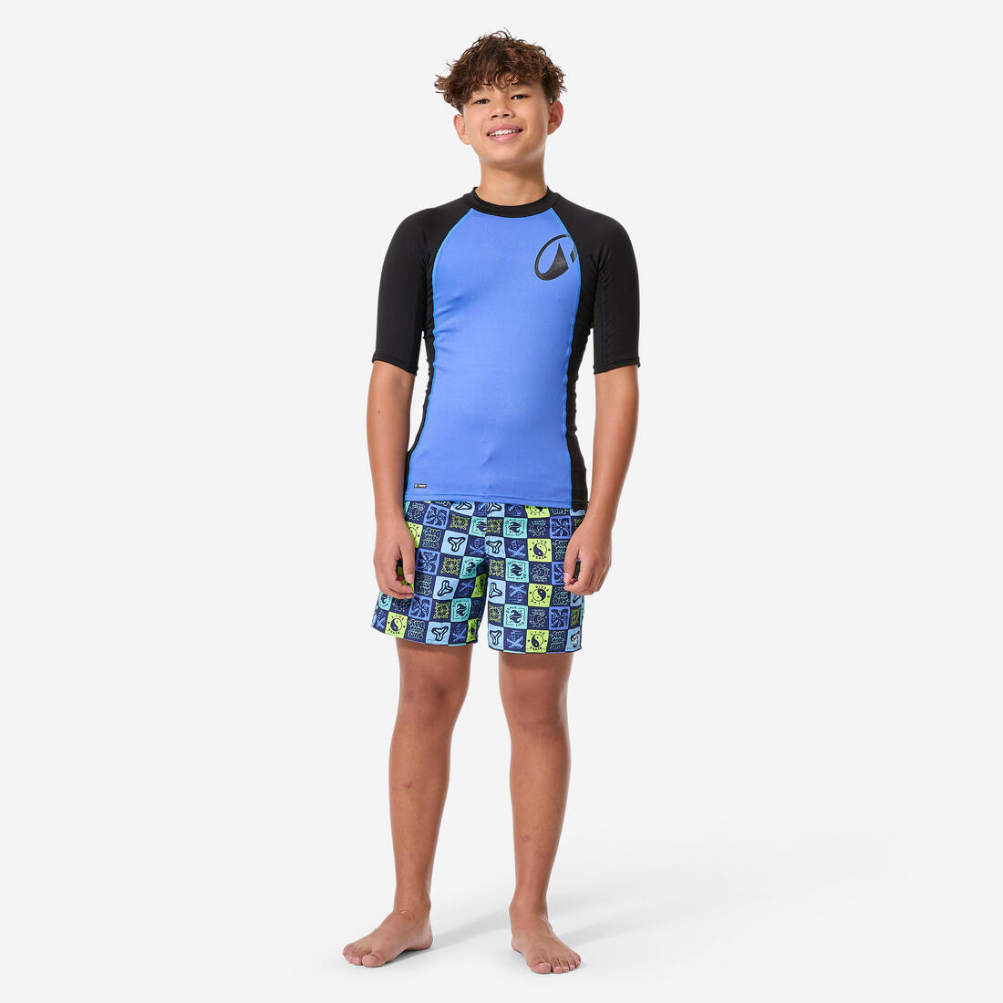 Top anti uv surf manches courtes garçon, 500 bleu et