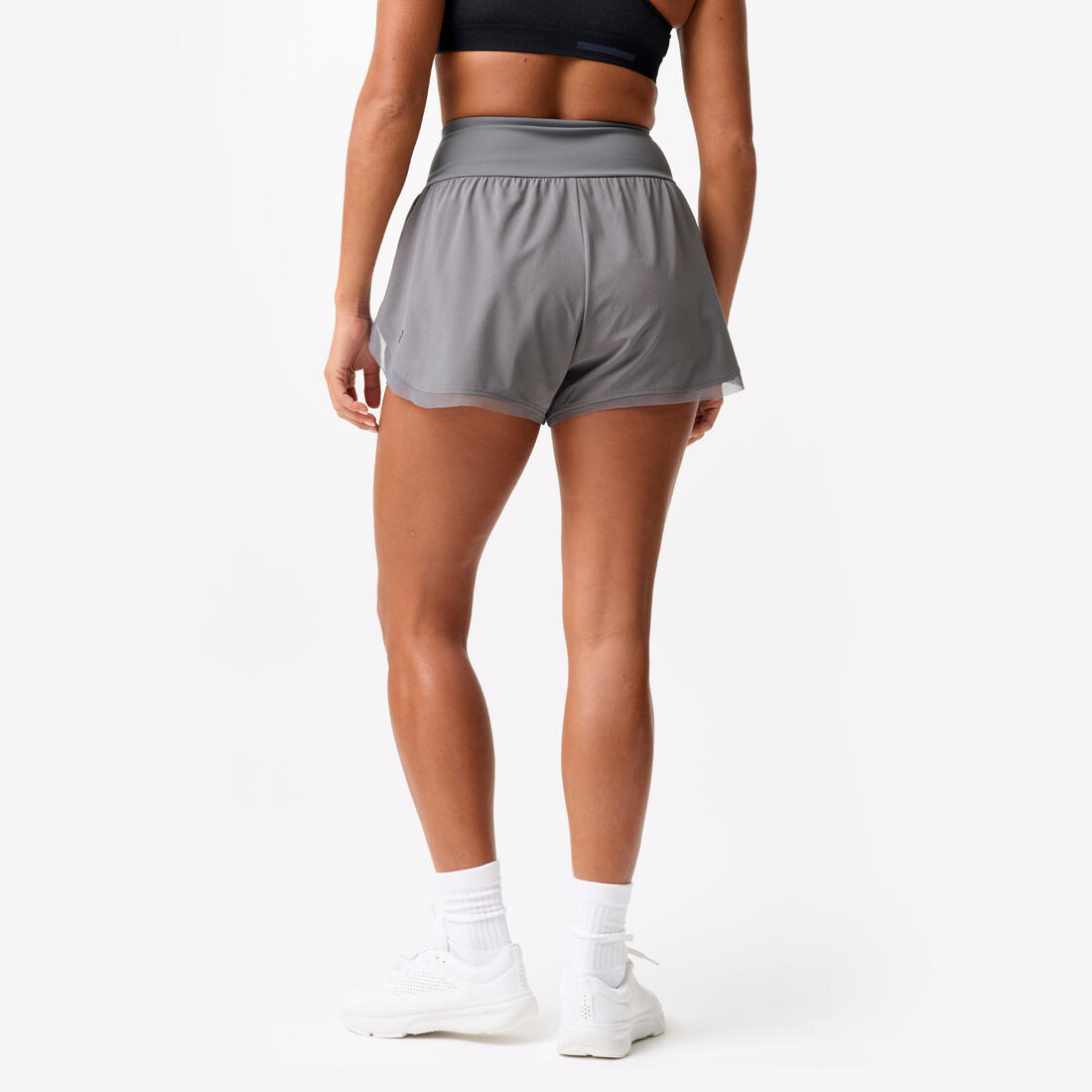 Short de sport double couche femme, gris foncé