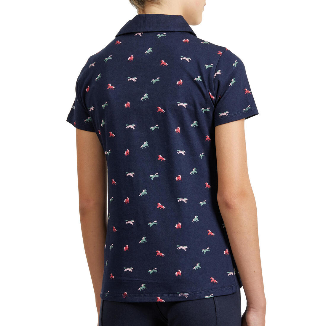 Polo manches courtes équitation fille 140 PONY bleu pétrole motifs turquoise
