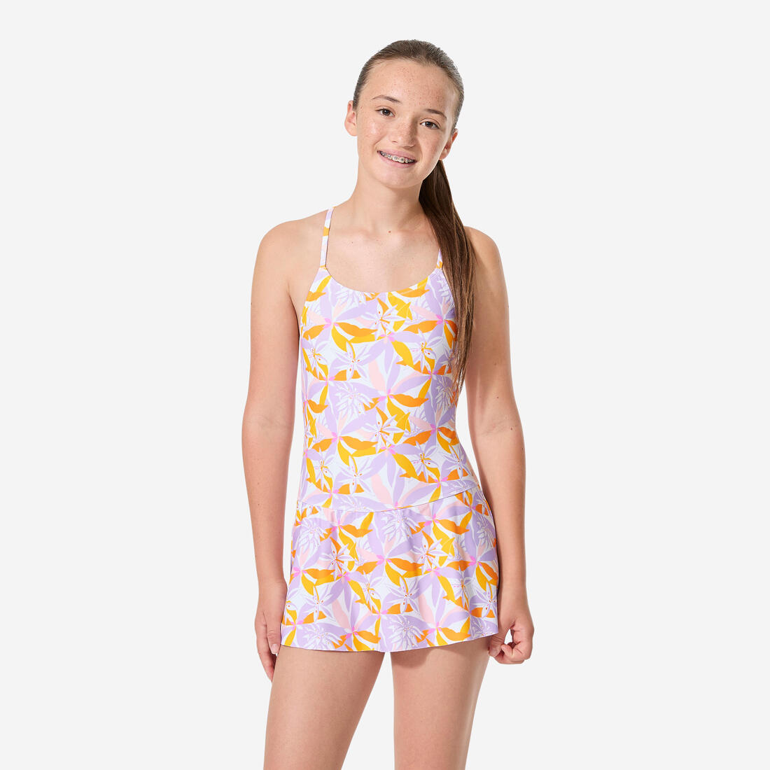 Maillot de bain 1 pièce jupette natation Fille ado, Lila jow