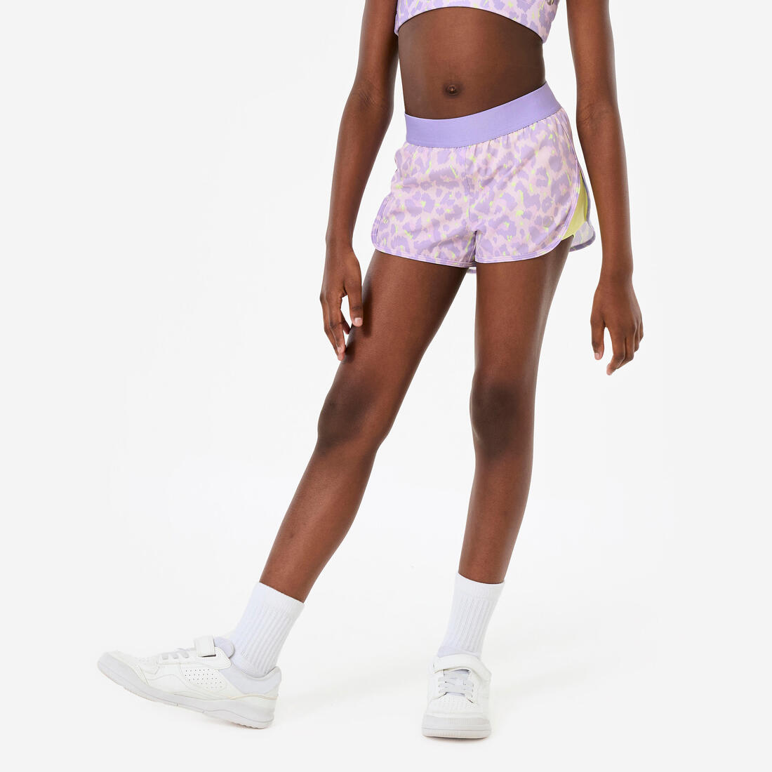 Short multisport respirant 2 en 1 fille, Imprimé noir et