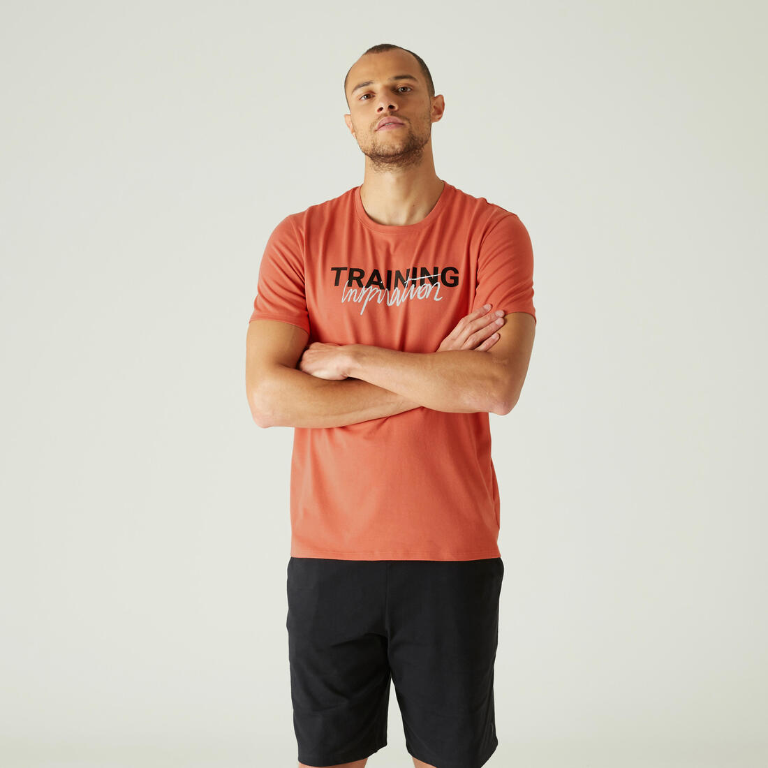 T-shirt fitness manches courtes slim coton col rond homme blanc a imprimé