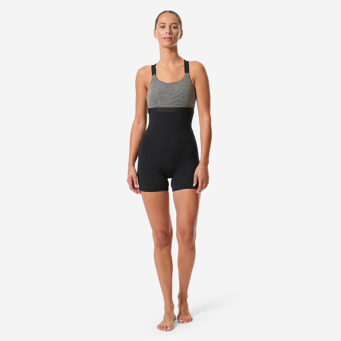 Maillot de bain 1 pièce aquagym aquabike shorty femme, Elea sono noir beige