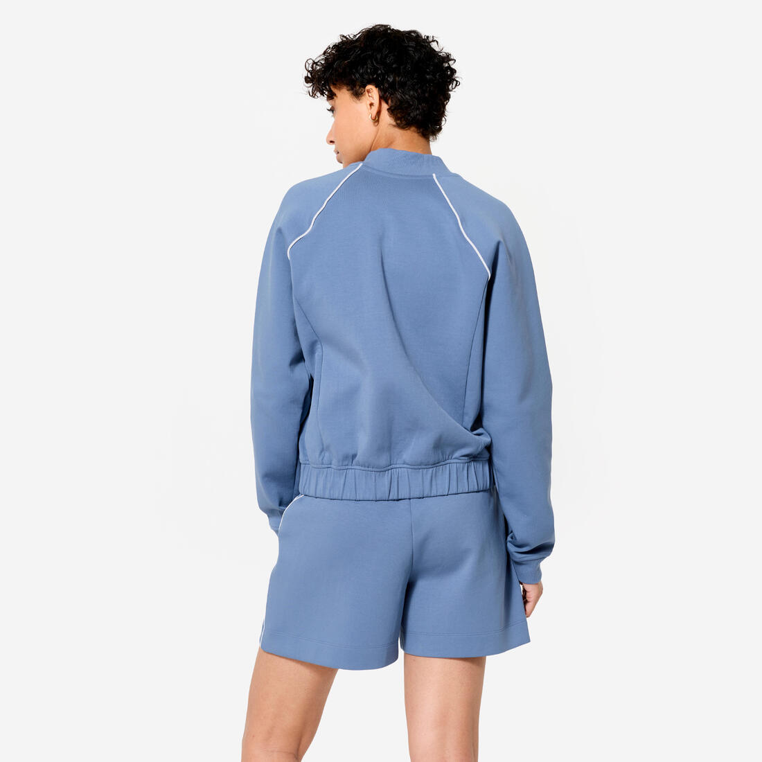 Veste bombers zipée femme, beige avec piping vert.