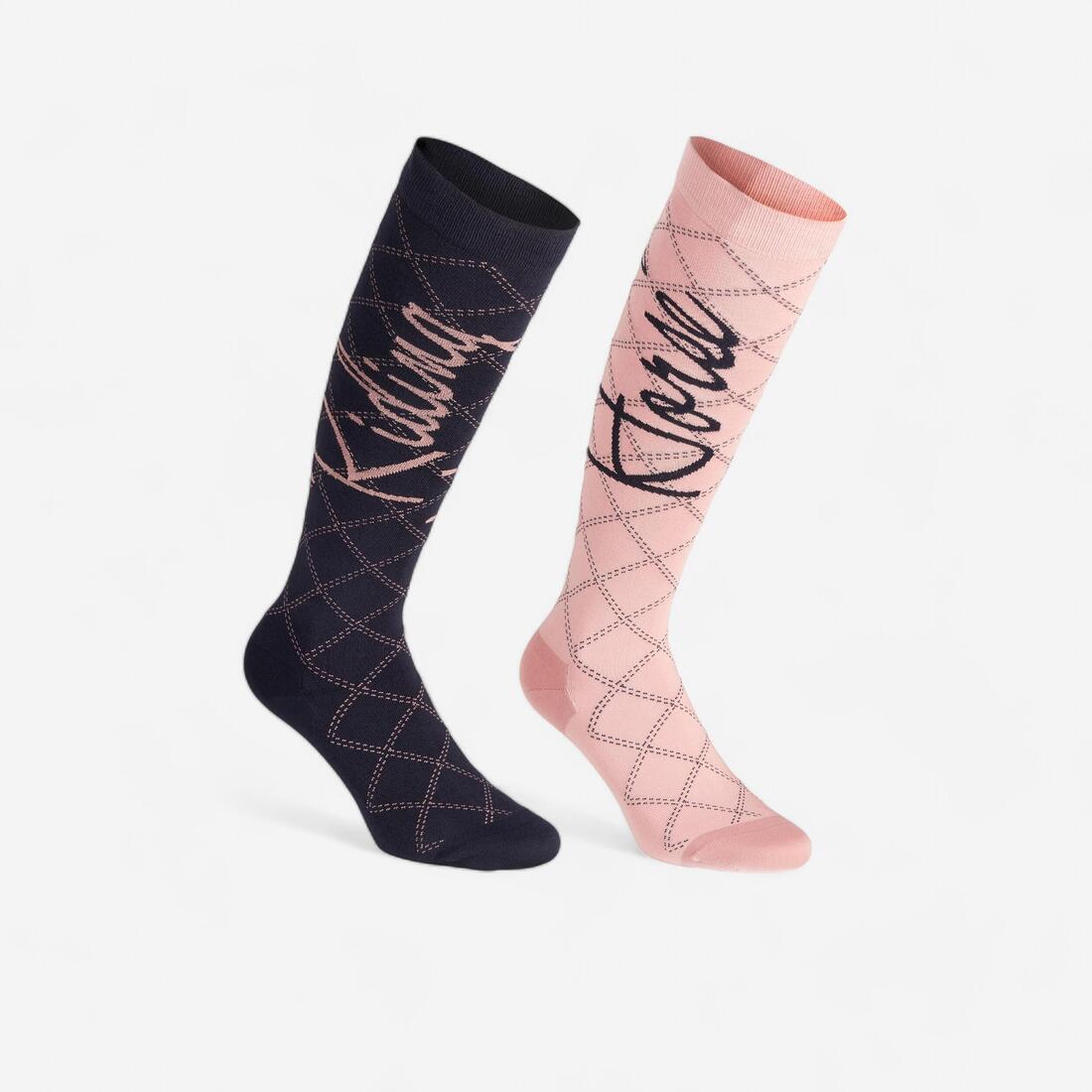 Chaussettes équitation femme 500 LIGHT bleu turquin et framboise