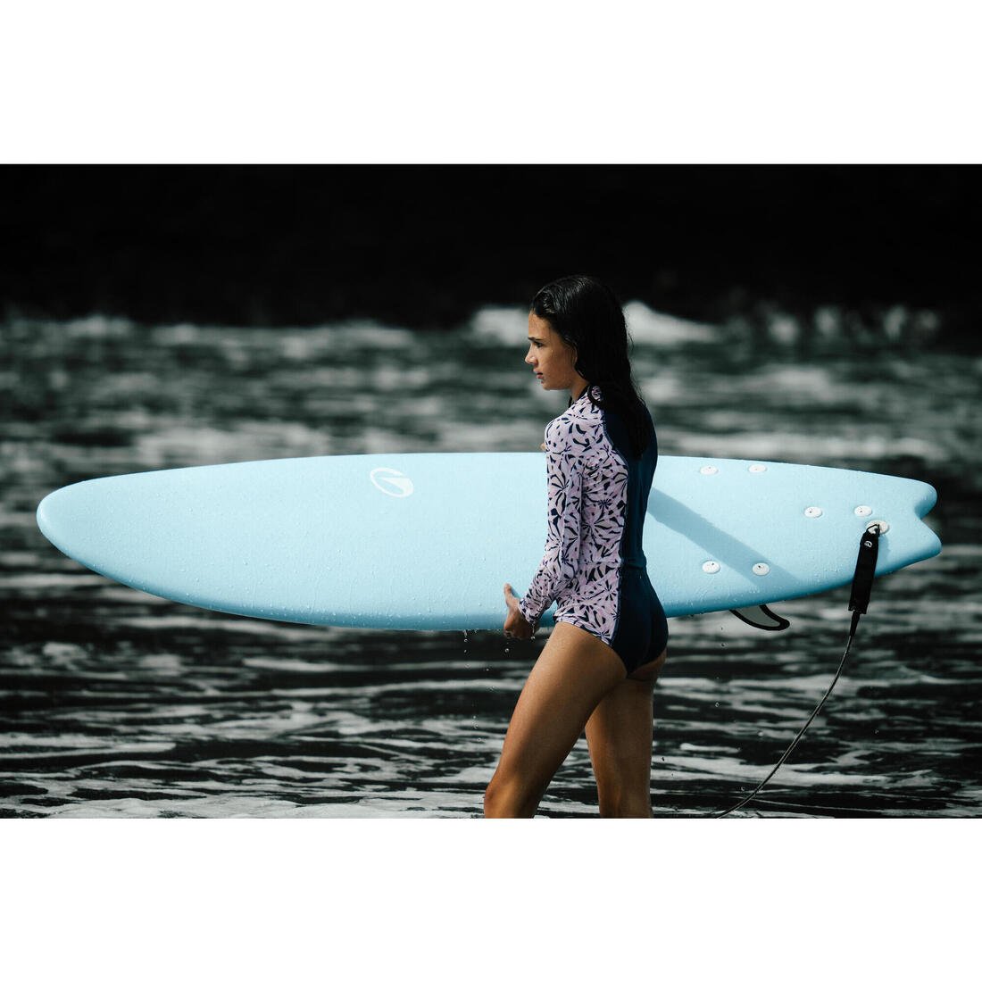 Maillot de bain une pièce surf manches longues zip avant Fille - 500