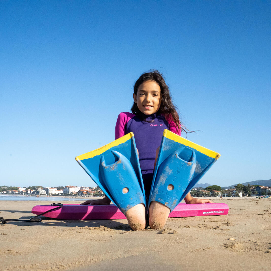 Bodyboard 100 Junior bleu jaune avec leash poignet