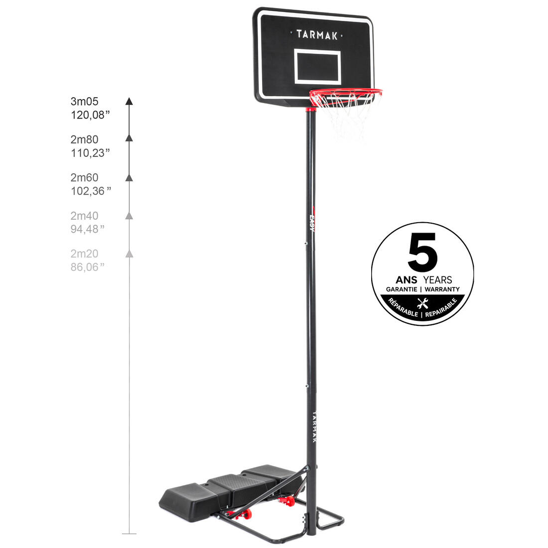 Panier de basket sur pied réglable de 2,20m à 3,05m - B100 Easy Noir