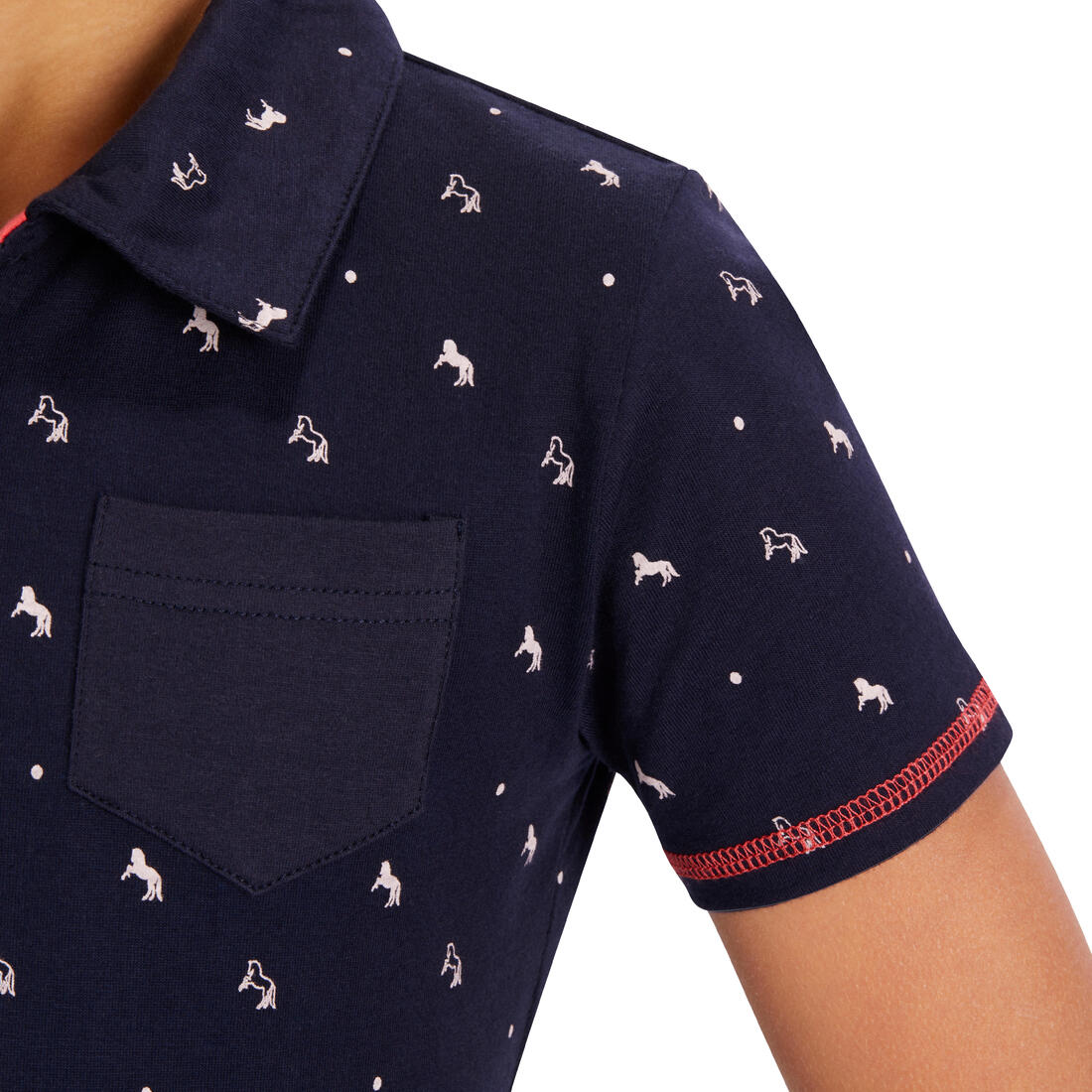 Polo manches courtes équitation fille 140 PONY bleu pétrole motifs turquoise