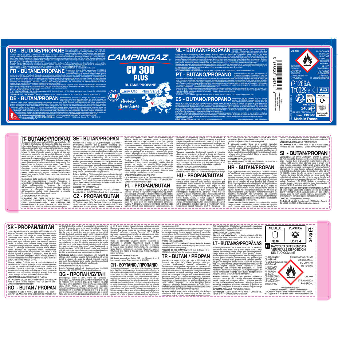 Cartouche de gaz pour réchaud à valve 240g, CV 300+