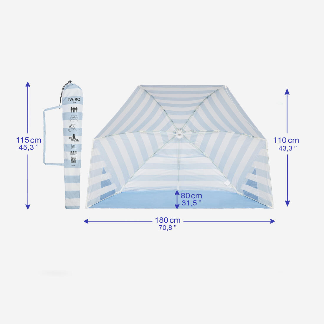 Parasol Abri plage solaire Iwiko 180 bleu jaune UPF50+ 3 places