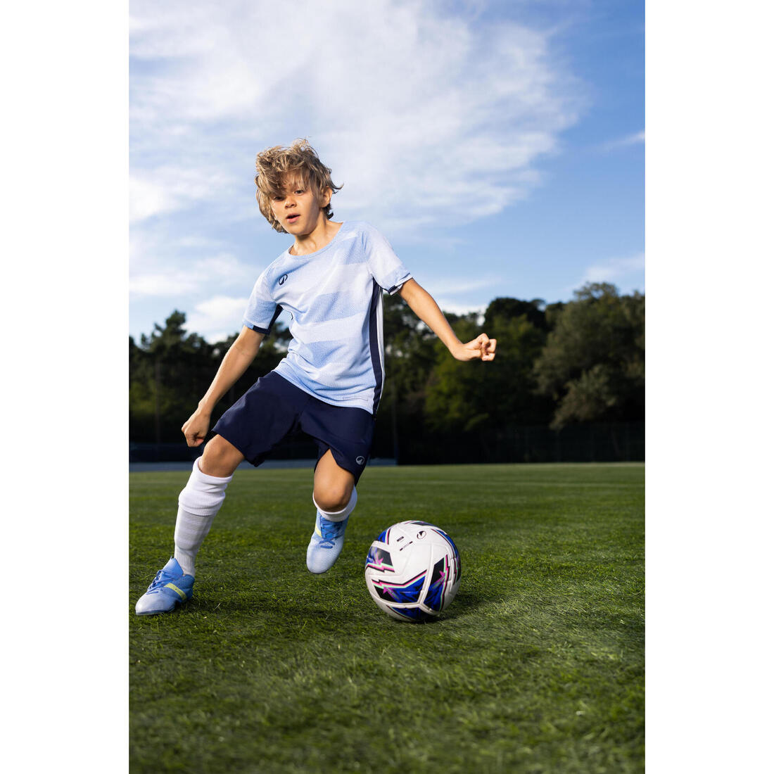 Maillot de football enfant manches courtes VIRALTO Jr Block Bleu ciel et