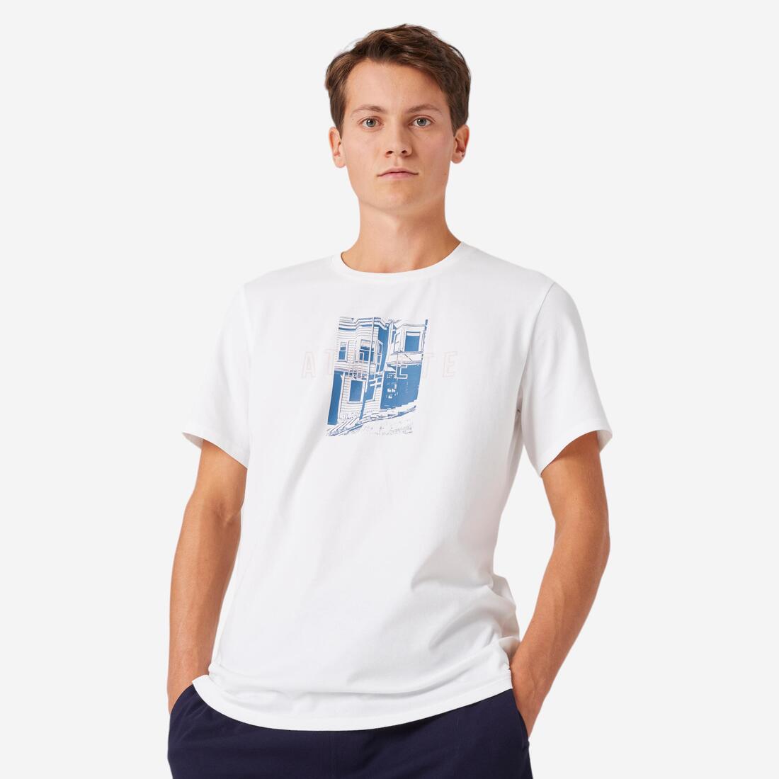 T-shirt fitness manches courtes slim coton col rond homme blanc a imprimé