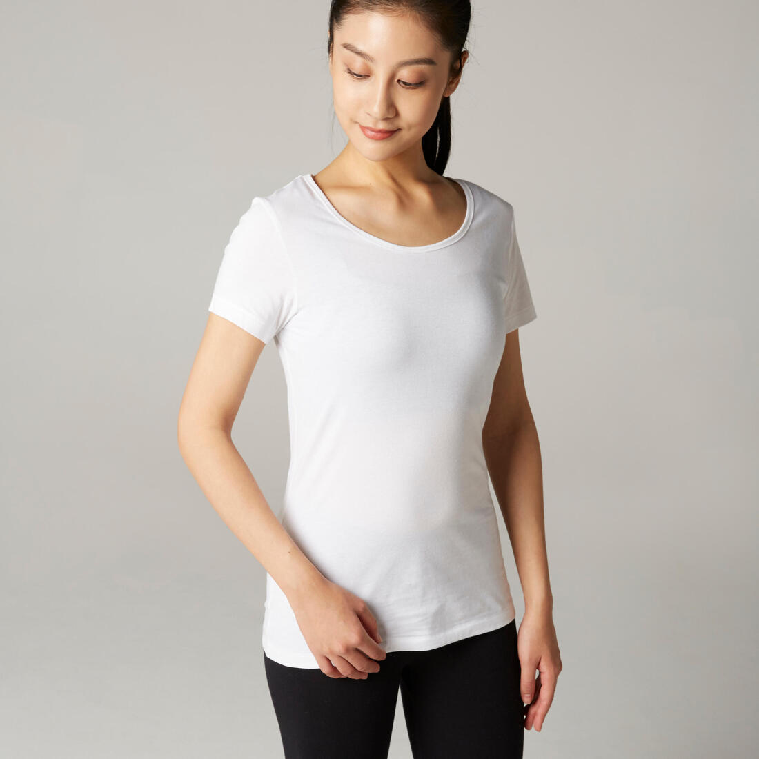 T-shirt fitness manches courtes droit coton col rond femme gris