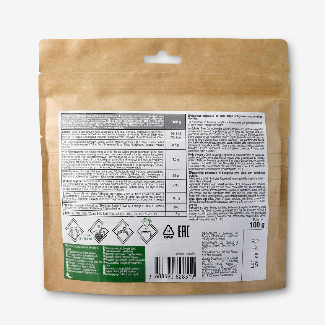 Repas lyophilisé - Pâtes façon bolognaise aux protéines de pois - 100 g