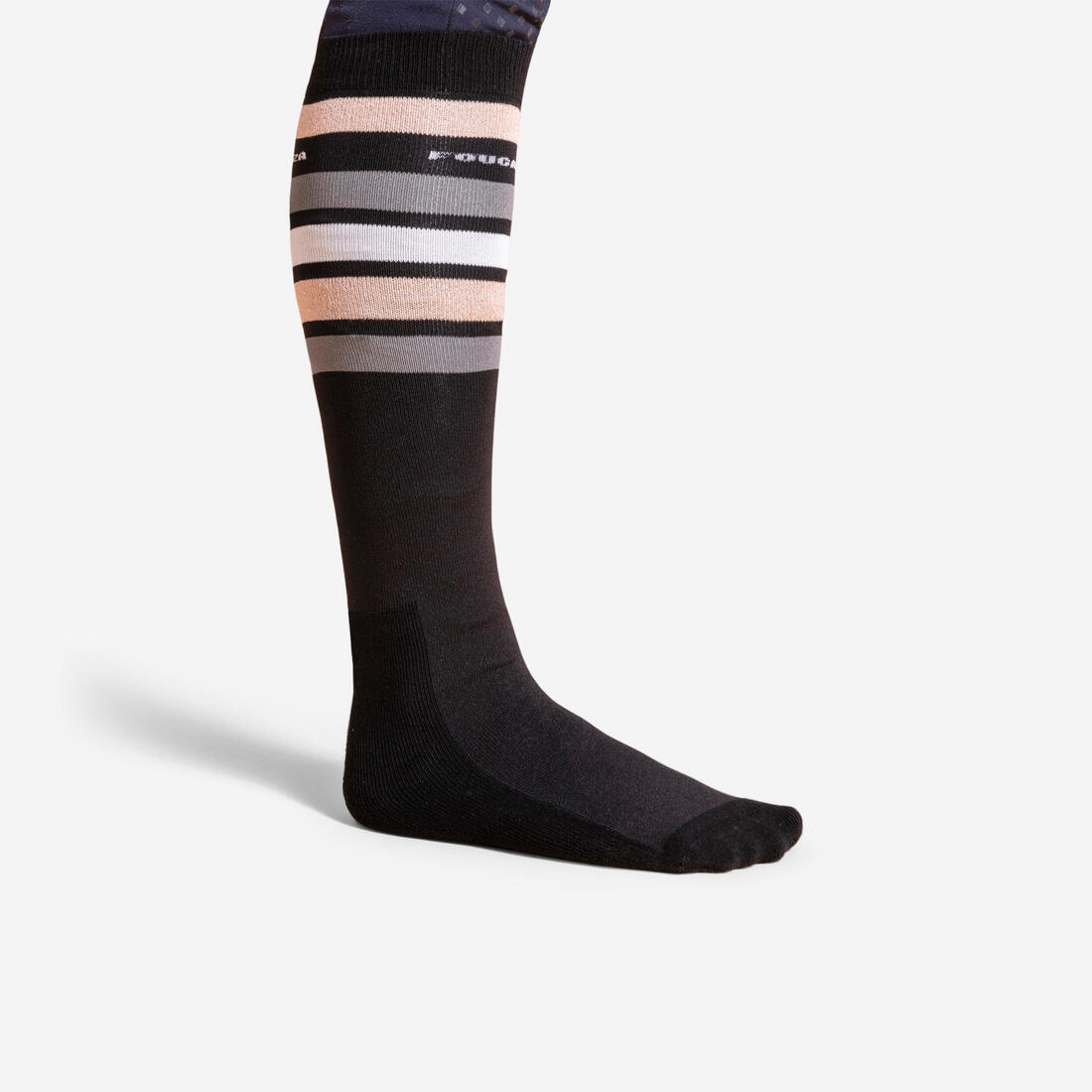 Chaussettes équitation adulte 100 noir rayures blanches et grises