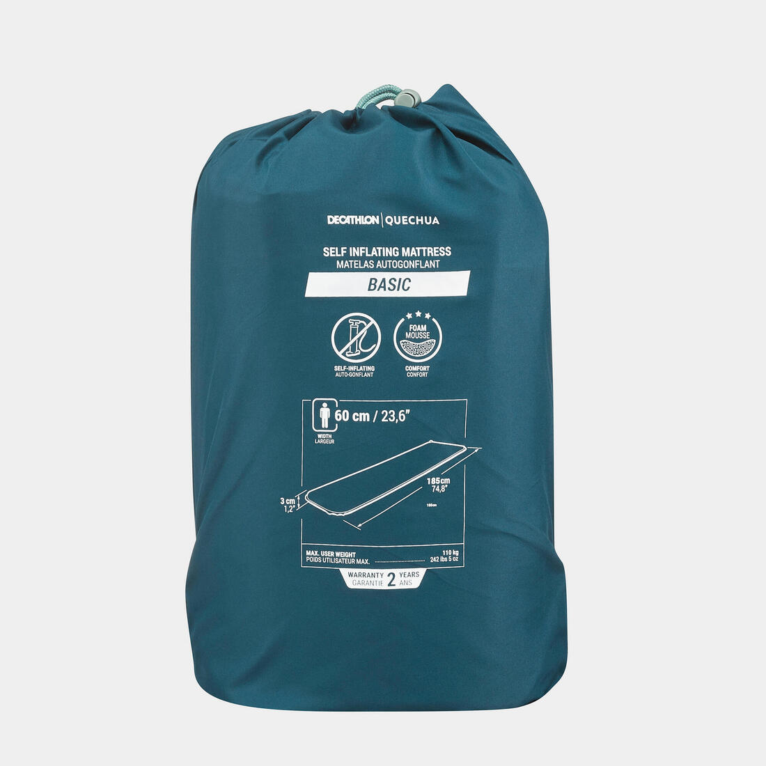 Matelas autogonflant de camping 1 personne, 185x60 cm, Basic