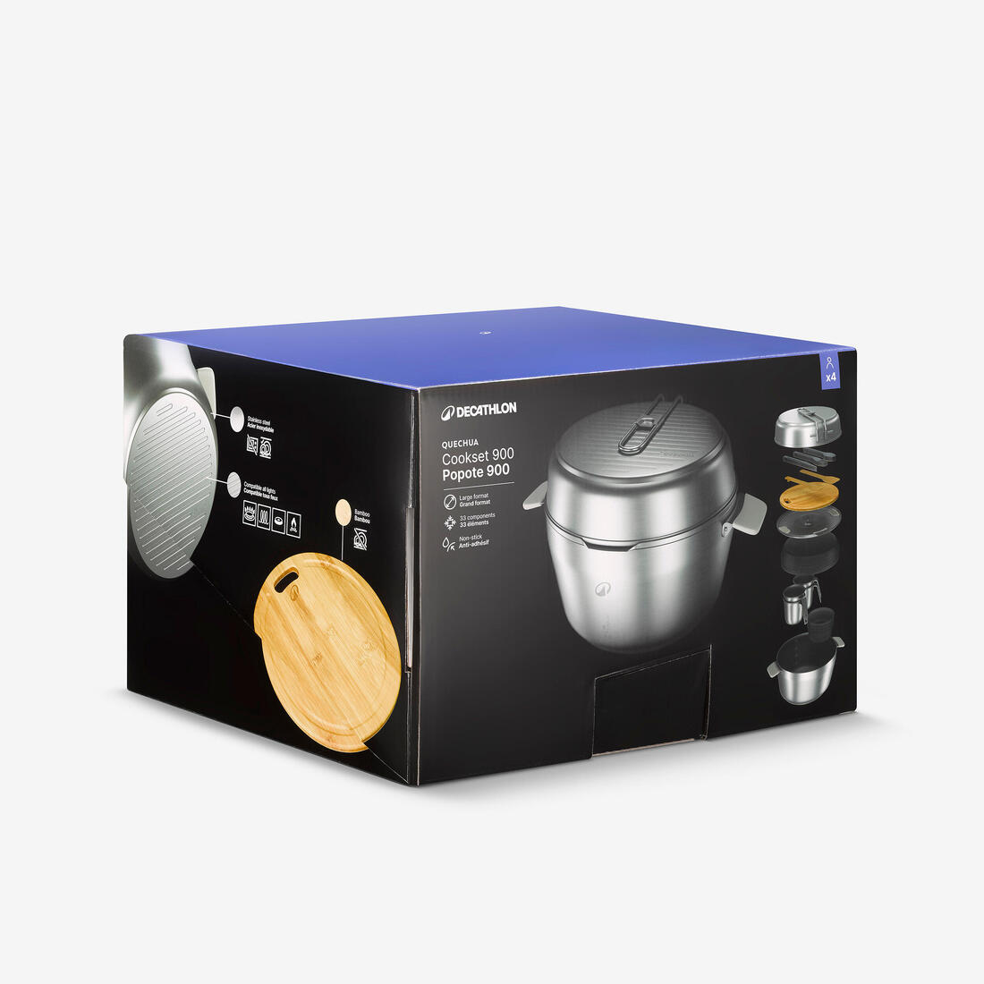 Popote 900 de camping XL en inox + anti-adhésif - 4 personnes - 33 éléments